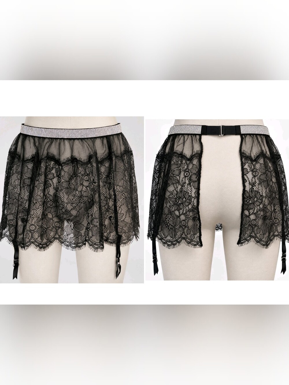 Victorias Secret Shine Strap Lace Skirted Garter Belt BLACK XSMALL SMALL